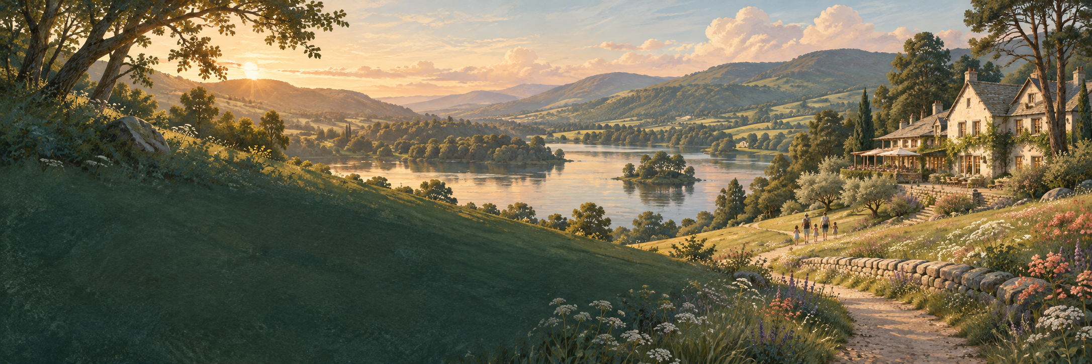 Illustrated countryside with green hills and a quiet getaway